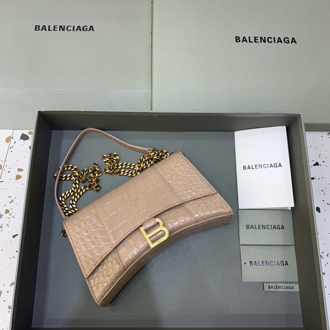 Balenciaga Big Hourglass Wallet With Chain Crocodile Embossed Shoulder Bag Light Coffee